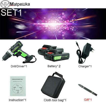 High Quality 21V Power Tools Home Cordless Electric Screwdriver Multi-Function Rechargeable Mini Electric Drill 2 Batteries+Gift