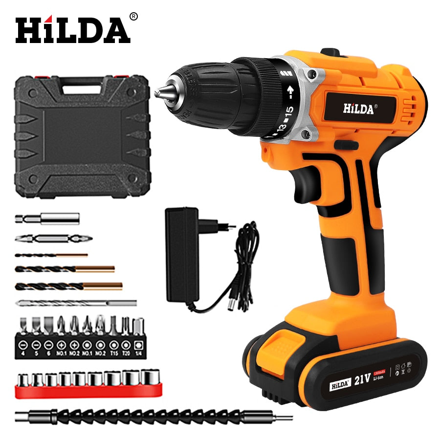 HILDA 21V Electric Drill With Rechargeable Lithium Battery Electric Screwdriver Cordless Screwdriver Two-speed Power Tools