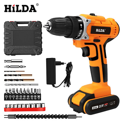 HILDA 21V Electric Drill With Rechargeable Lithium Battery Electric Screwdriver Cordless Screwdriver Two-speed Power Tools