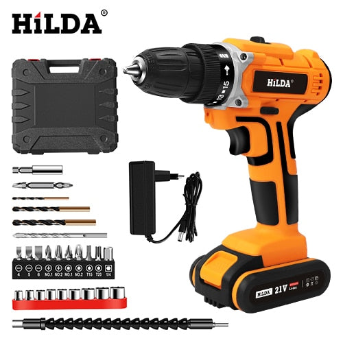 HILDA 21V Electric Drill With Rechargeable Lithium Battery Electric Screwdriver Cordless Screwdriver Two-speed Power Tools