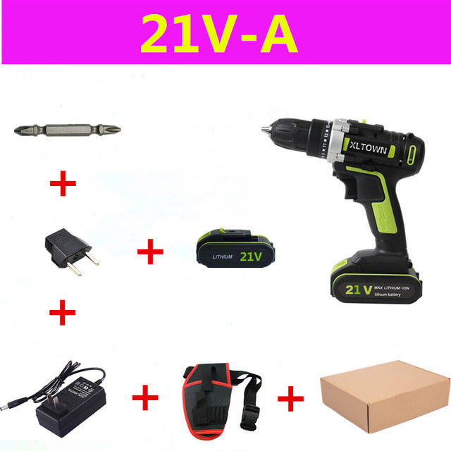 XLTOWN 21V electric screwdriver rechargeable lithium battery cordless drill  with 2battery power tool Multi-function hand drill